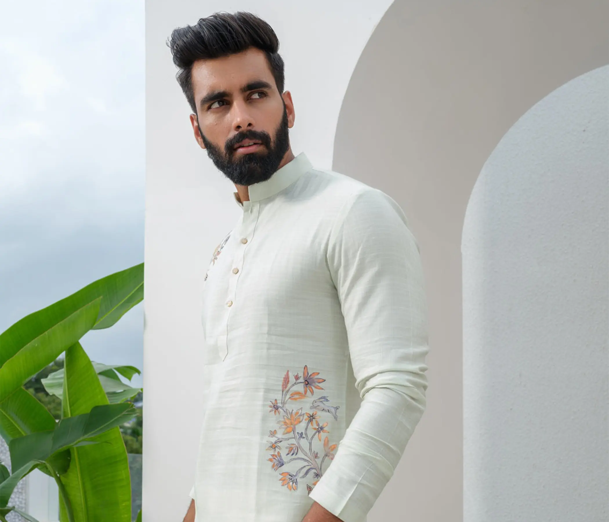 Men's Hand Painted Pastel Mint Green Tussar Silk Kurta Pajama Set